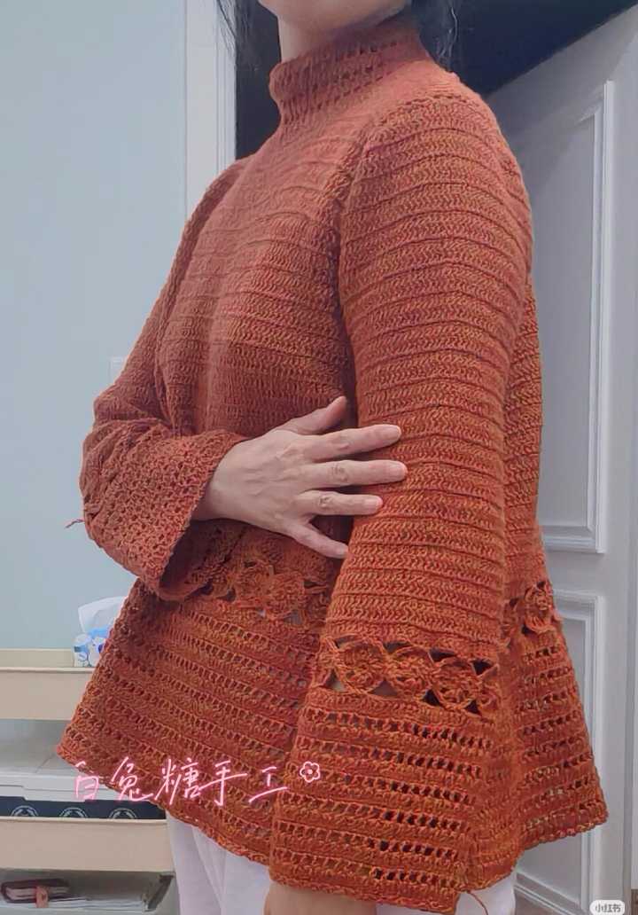 微喇袖女士钩针小高领套衫