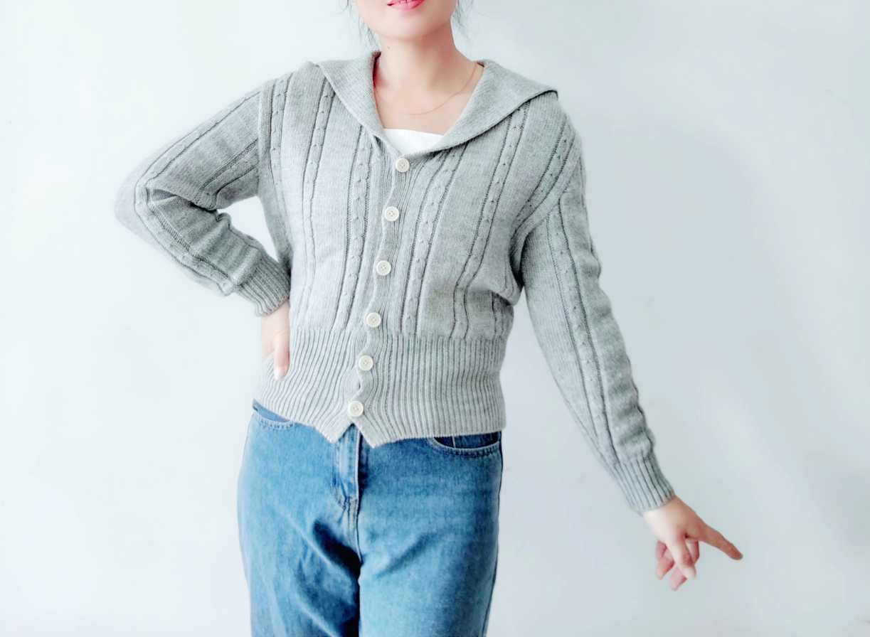 女士棒针翻领开衫